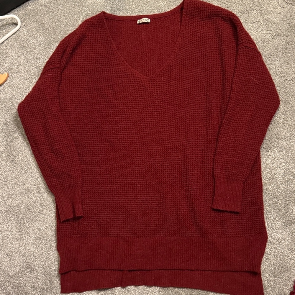 Anthropologie Deep Red V-Neck Oversized Sweater